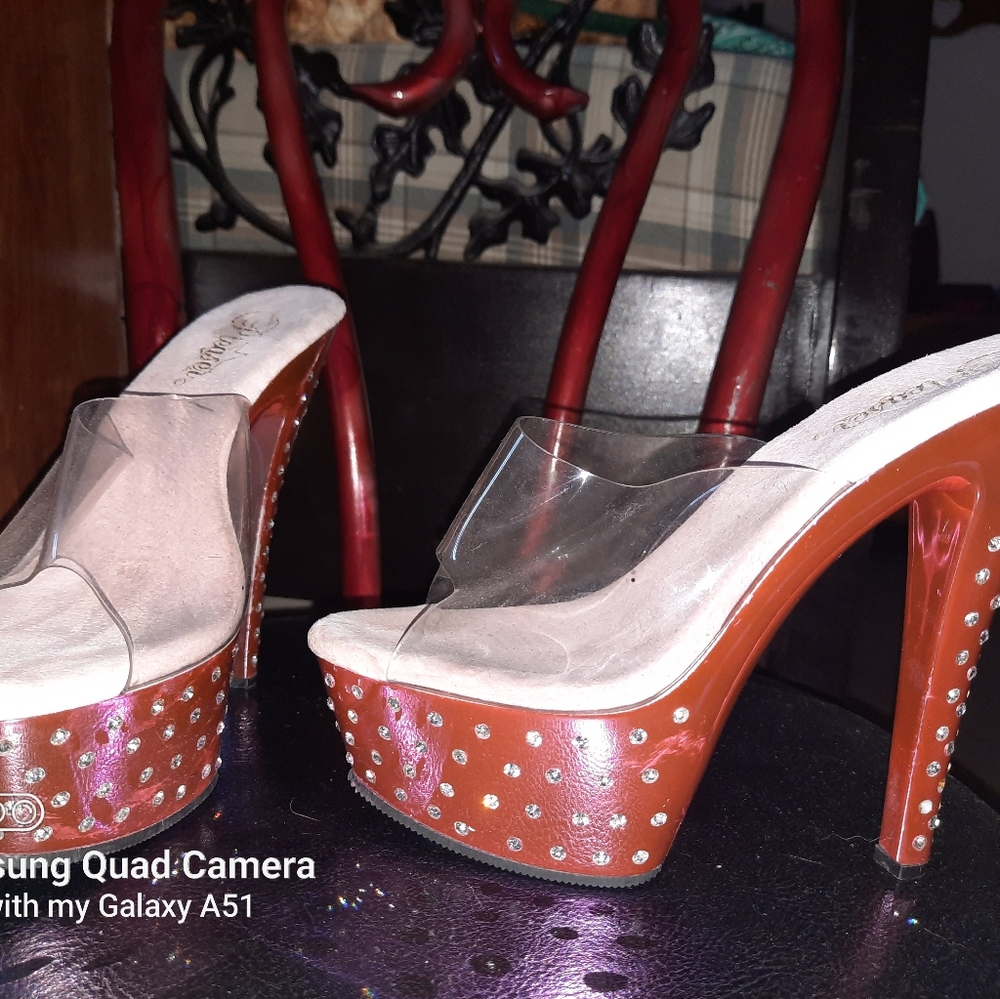 Pleaser platform rhinestone slides